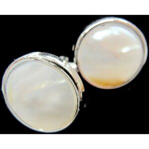 MOP Mother Of Pearl Silver Tone Cufflinks Tux Shirt Dress Suit Vintage IOB